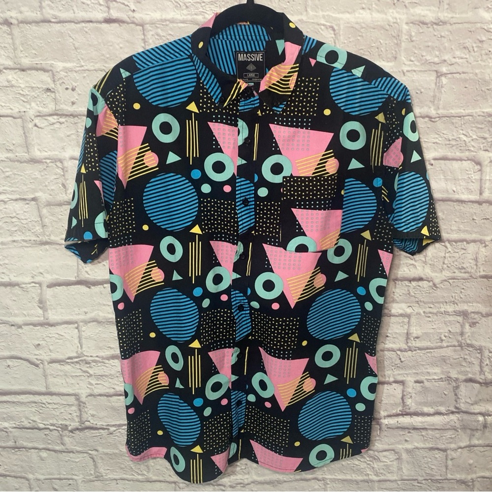 Massive Brand Button Up Shirt Men L Multicolor Geometric Short Sleeve 90s 80s